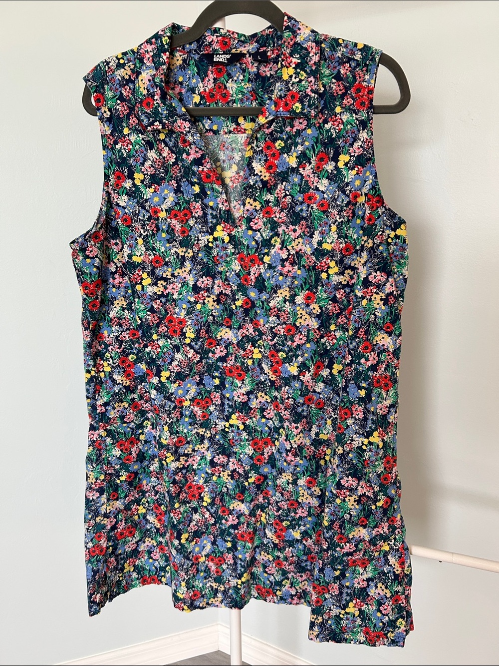 Lands' End Sleeveless Floral Tank Top - Navy Multi - Size L